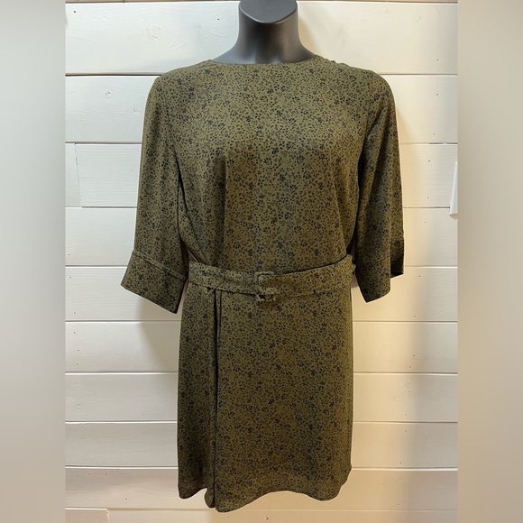 1980 Montréal – Olive Green Printed Dress Size 18 - Picture 1 of 9